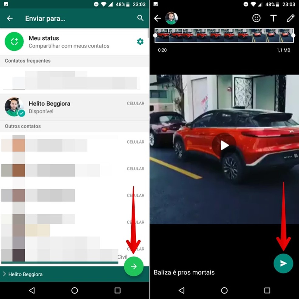 Select friends or groups and confirm video upload on WhatsApp Photo: Playback / Helito Beggiora