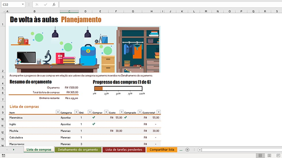 Back to school spreadsheet helps you discover material costs Photo: Reproduction / Paulo Alves