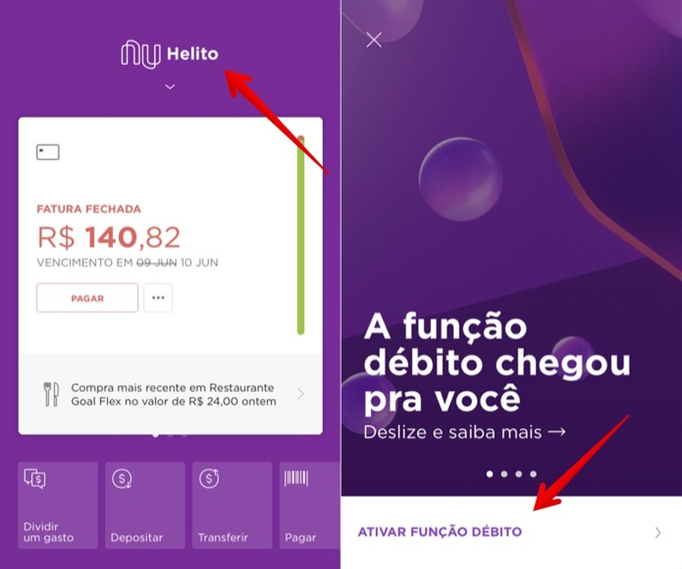 Nubank's debit function began testing in December 2018 and can now be requested by customers Photo: Reproduction / Helito Beggiora