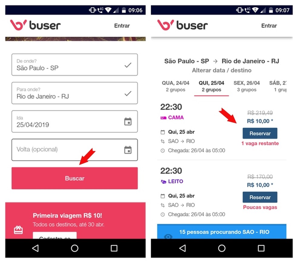 Price finder Buser brings results with values ​​based on travel groups Photo: Reproduo / Adriano Ferreira