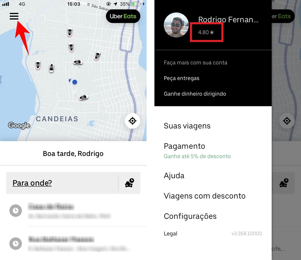 Through the menu, you can see your grade in the Uber rating system Photo: Reproduction / Rodrigo Fernandes