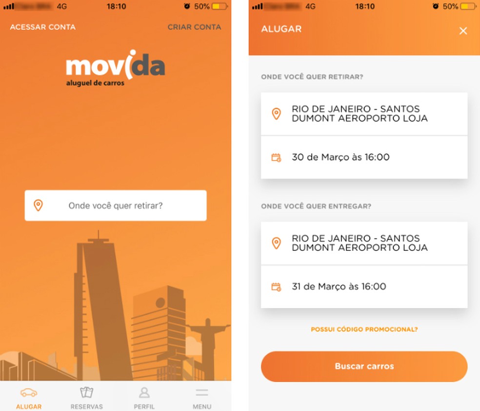 Movida app has variety of cars, as needed by the user Photo: Reproduction / Athus Silveira