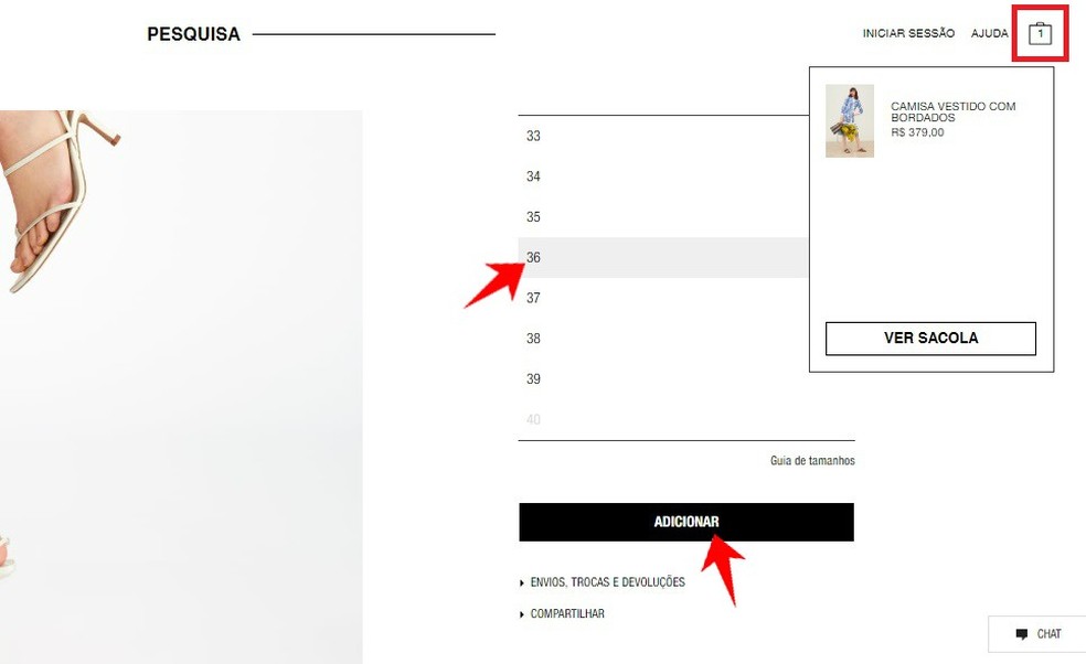 Enter product size and add to Zara's virtual cart Photo: Reproduo / Rodrigo Fernandes