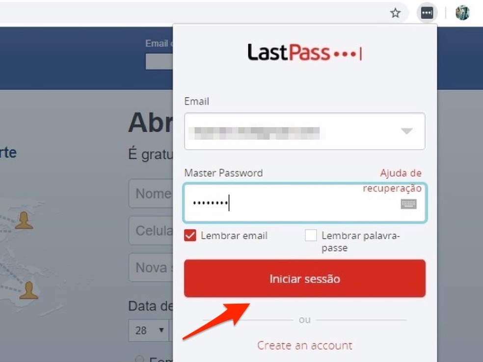 When signing in for a LastPass account on Chrome service extension Photo: Reproduction / Marvin Costa