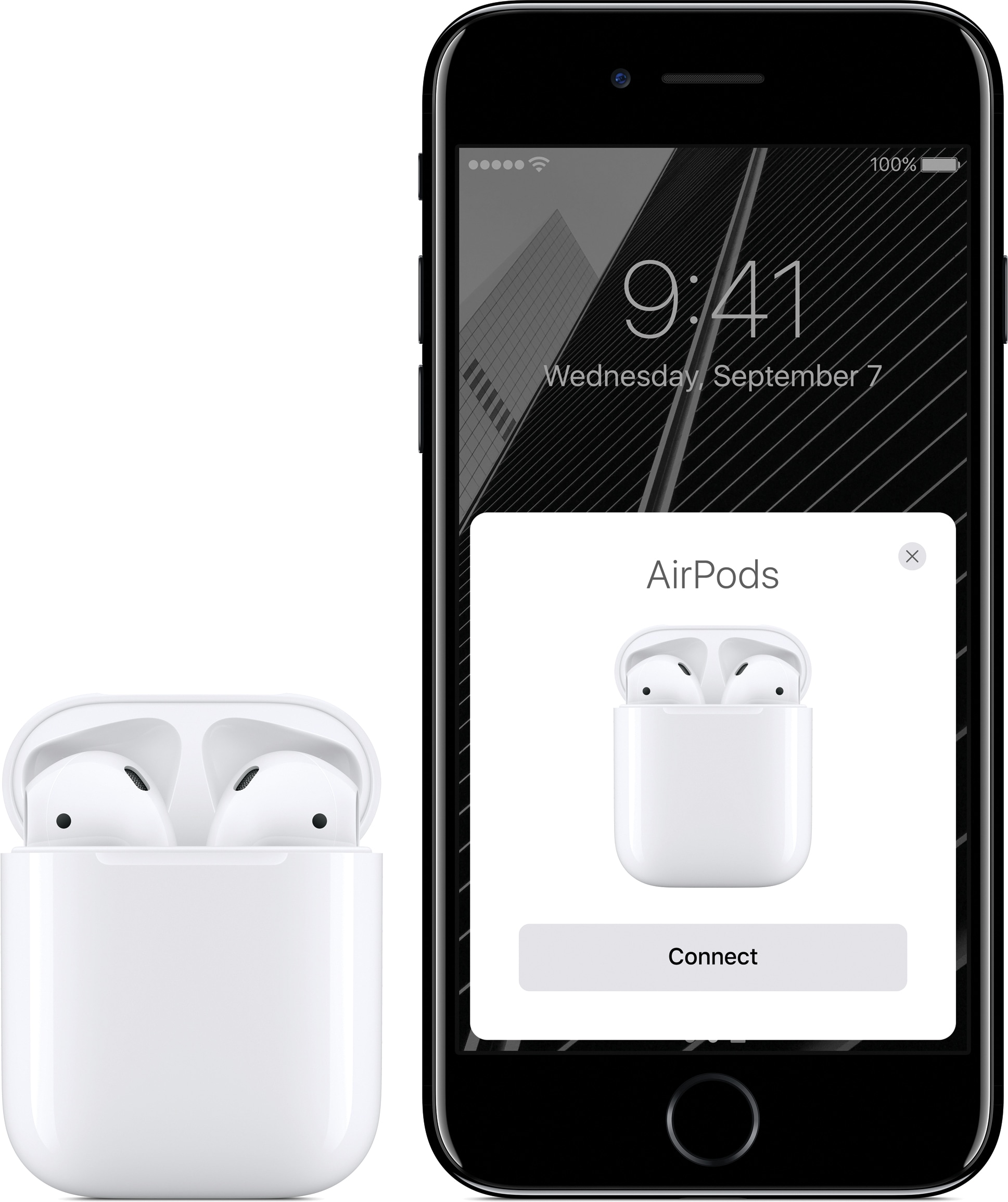AirPods in the box next to iPhone 7 with pairing screen