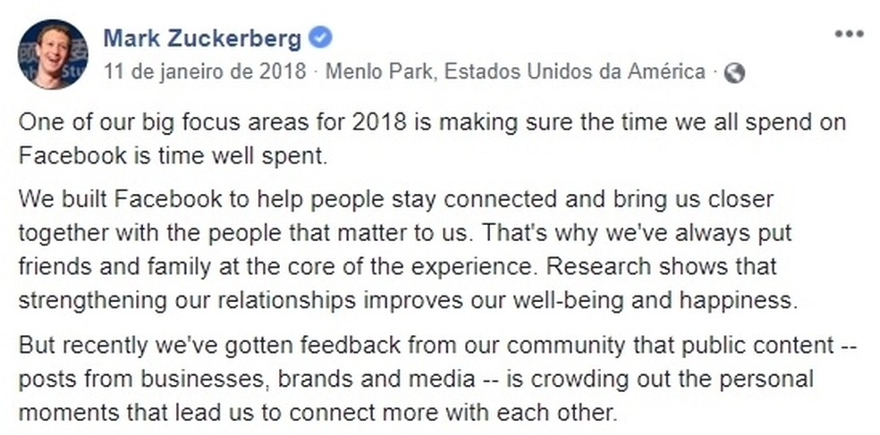 Mark Zuckerberg's January 2018 post about moving to feed friends and family closer Photo: Playback / Facebook