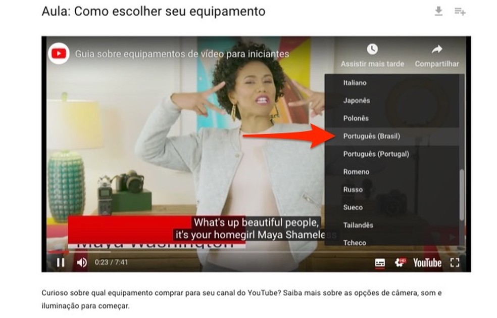 When to enable Portuguese subtitles in a YouTube Creators platform video tutorial Photo: Playback / Marvin Costa