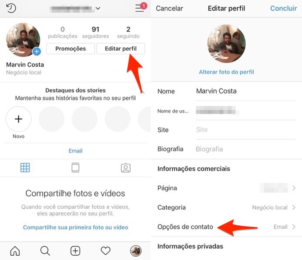 By accessing the contact options of an Instagram business profile Photo: Reproduction / Marvin Costa