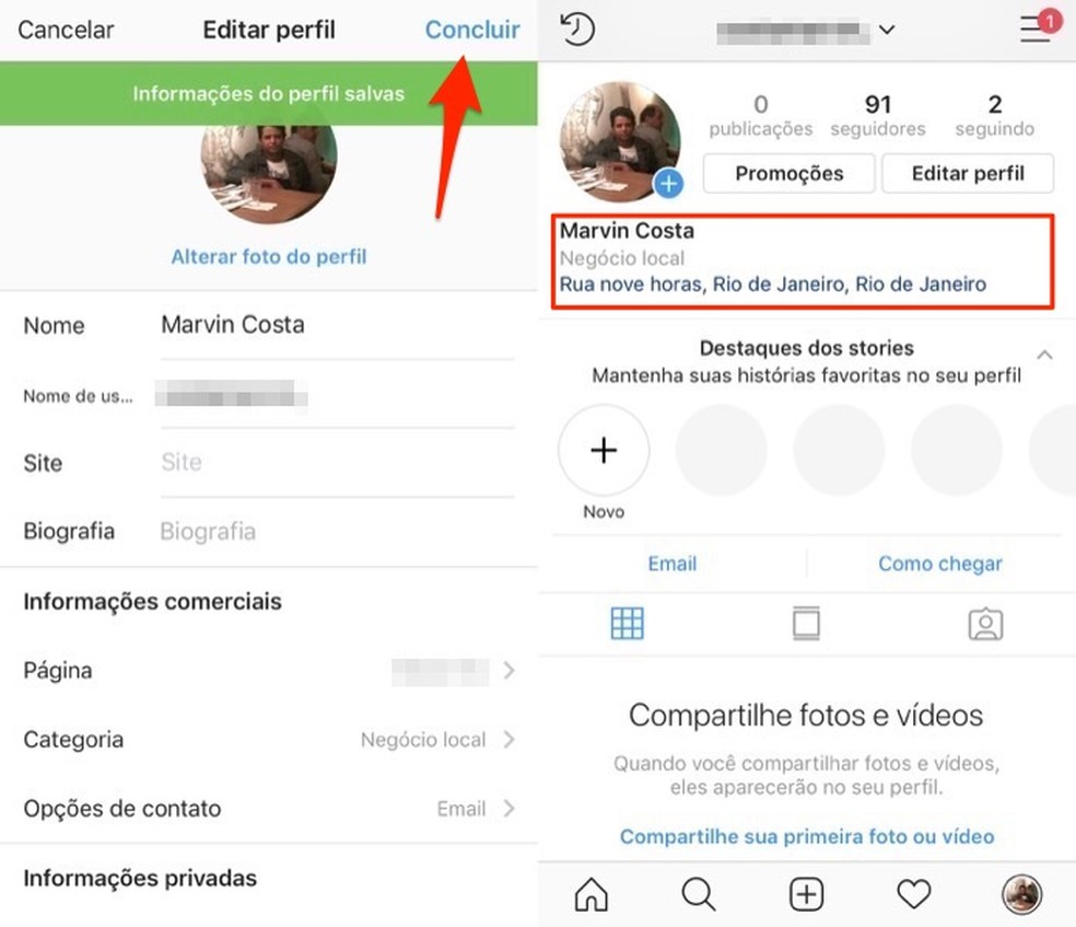 When to save changes and verify an address when describing an Instagram business account Photo: Reproduction / Marvin Costa
