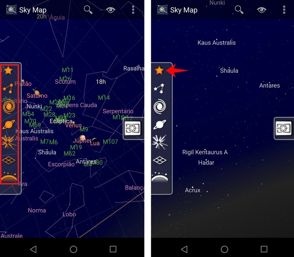 View planets, stars and stars separately in Sky Map Photo: Reproduo / Rodrigo Fernandes