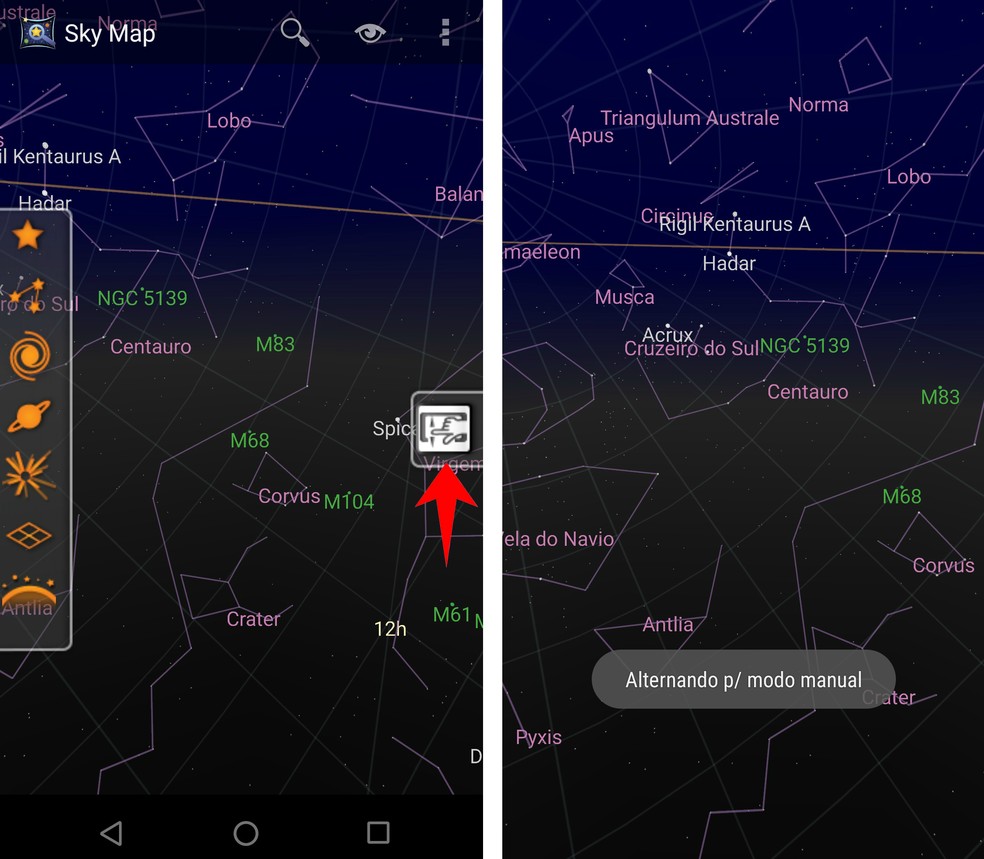 Sky Map uses mobile phone gyroscope to navigate space Photo: Reproduction / Rodrigo Fernandes