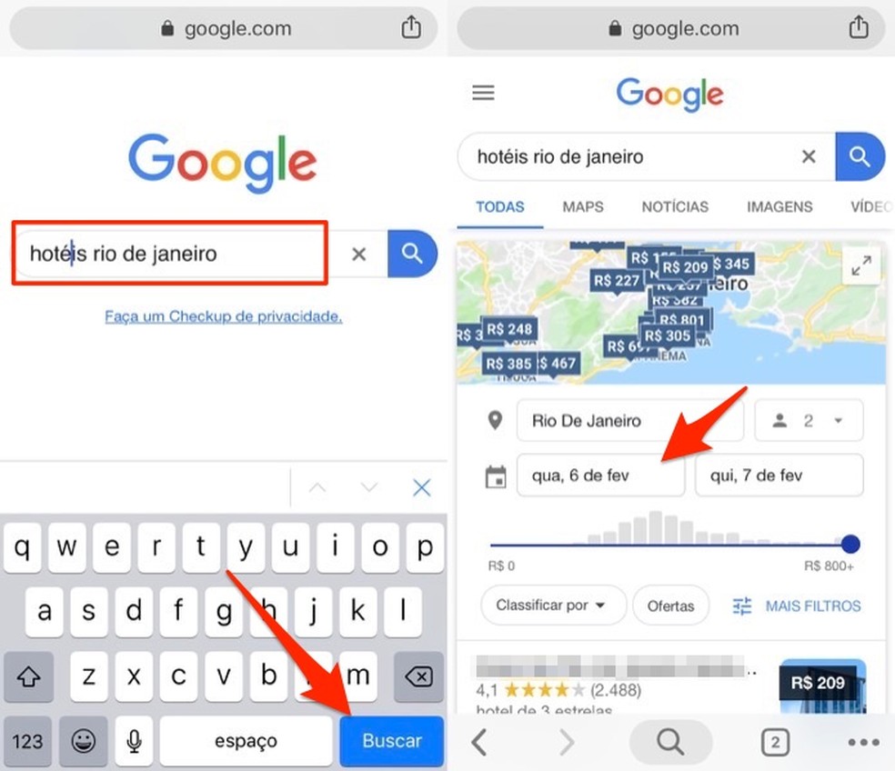 When to start a search for hotels using Google on smartphone Photo: Reproduction / Marvin Costa