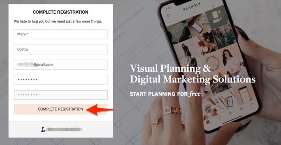 When to finalize a new user registration in the online service Planoly Photo: Reproduction / Marvin Costa