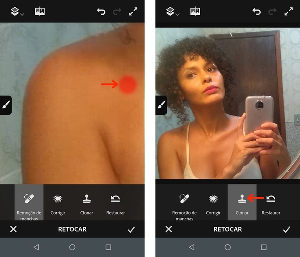 Select the "Clone" tool in the mobile app Adobe Photoshop Fix Photo: Playback / Raquel Freire