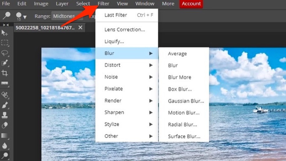 Options for filters on images from the Photopea online service Photo: Reproduco / Marvin Costa