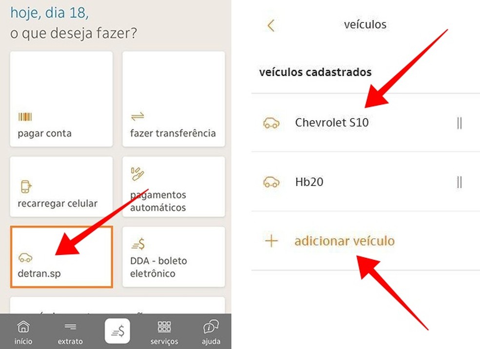 Access the Detran tab in the Ita app and select a vehicle. Photo: Reproduo / Paulo Alves