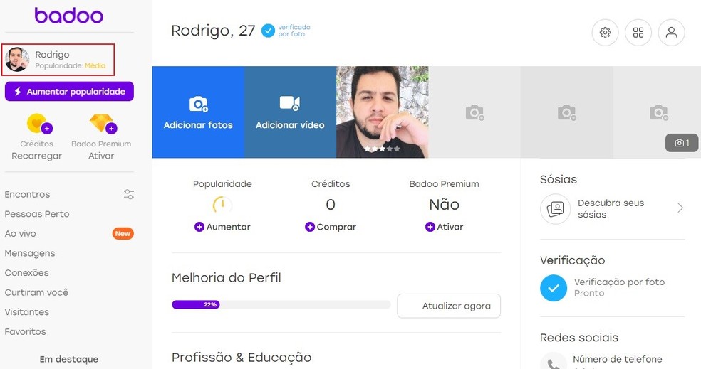 Editing a profile of Badoo through the social network site Photo: Reproduction / Rodrigo Fernandes