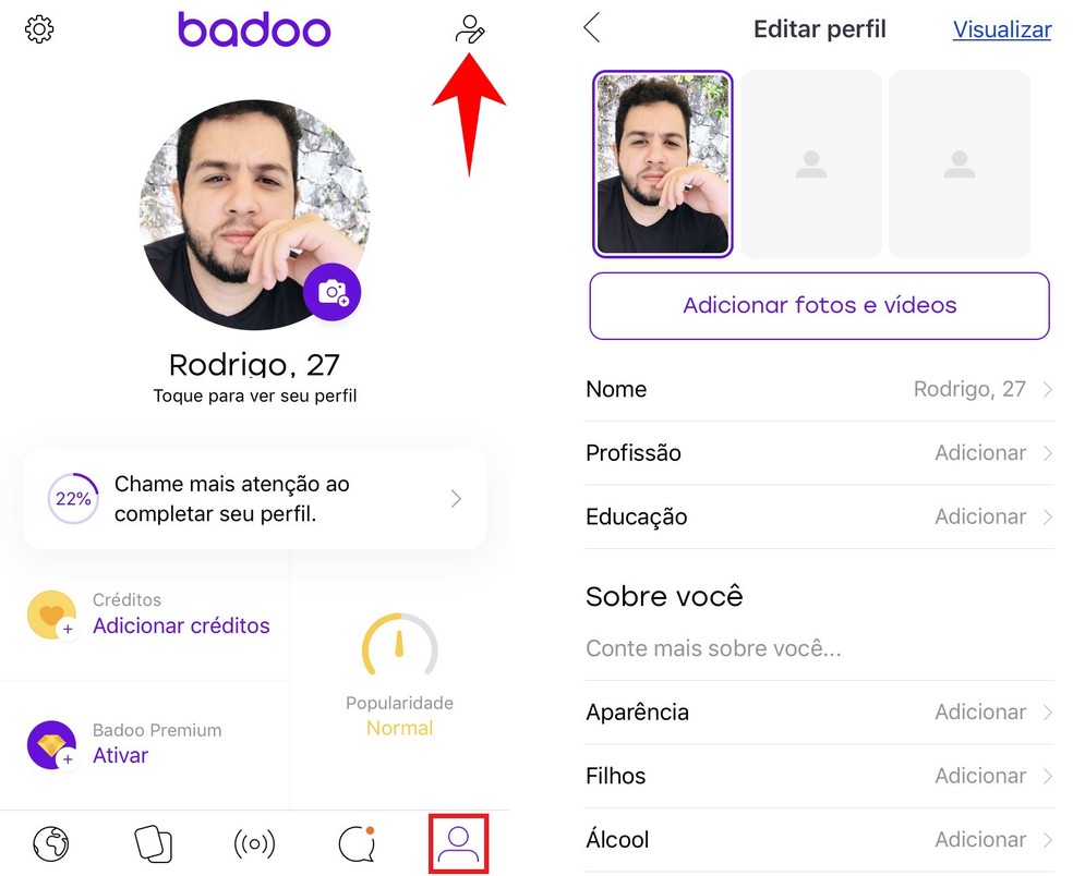 Editing Badoo user profile by cellphone Photo: Reproduo / Rodrigo Fernandes
