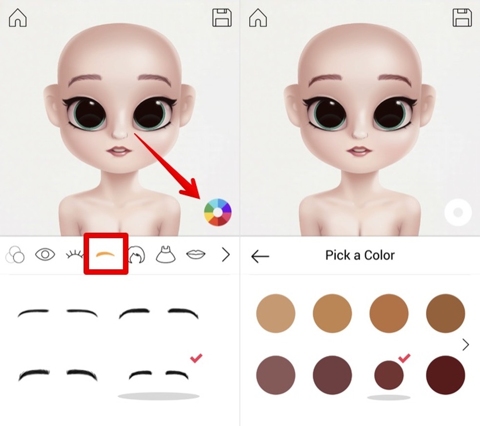 Adjust eyebrow shape and color in Dollify Photo: Reproduction / Helito Beggiora
