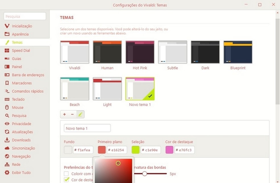 With many customization tools, Vivaldi lets you create themes with any color combination. Photo: Playback / Raquel Freire