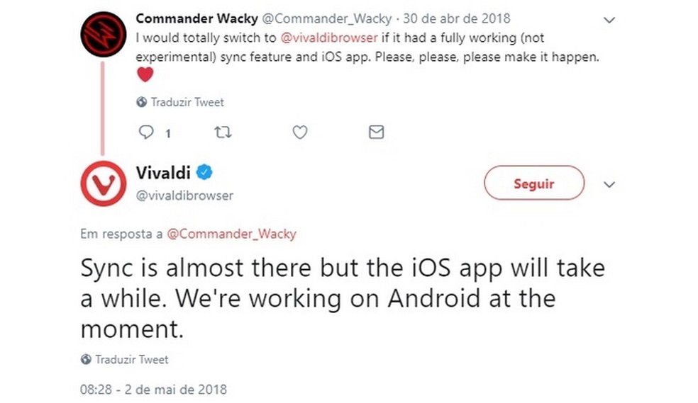 Vivaldi's official Twitter account says iOS app will be slow to launch Photo: Playback / Twitter