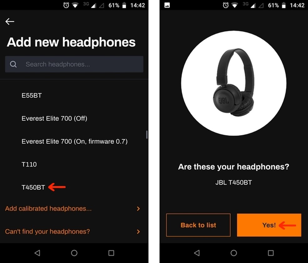 Choose and confirm headphone model in Sonarworks True-Fi app Photo: Playback / Raquel Freire
