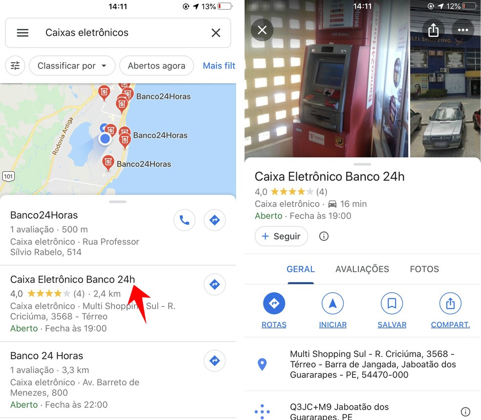 Google Maps creates routes to the ATM closest to the user Photo: Reproduo / Rodrigo Fernandes