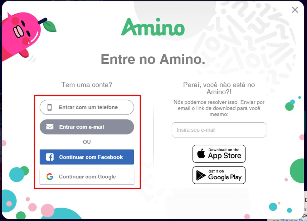 Amino registration can be done with email, phone, Facebook or Google Photo: Reproduo / Rodrigo Fernandes