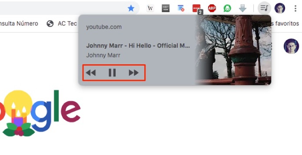 Chrome hidden player interface that controls media playback in the browser Photo: Reproduction / Marvin Costa