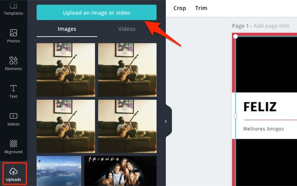 When viewing the option to upload videos on the Canva online service Photo: Reproduo / Marvin Costa