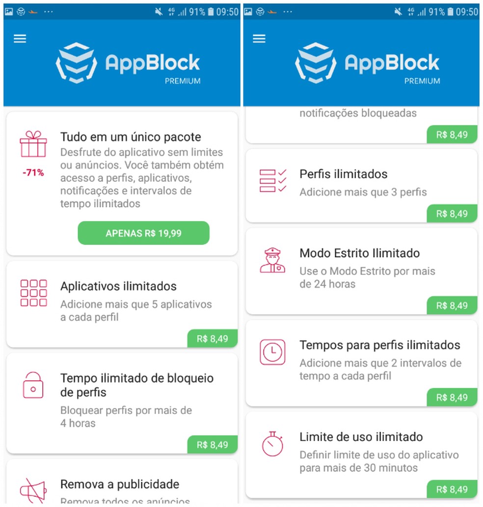 AppBlock Premium Package has different features Photo: Reproduo / Daniel Dutra