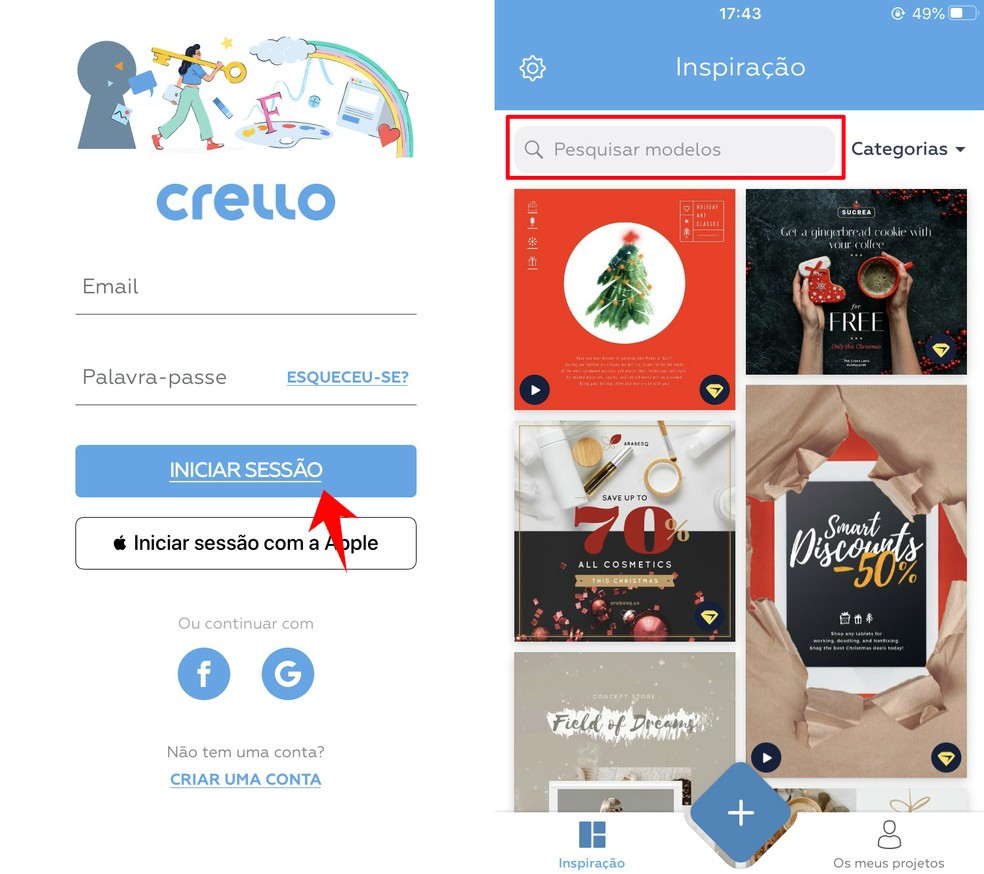 Logging in to the Crello app to make Christmas card 2019 Photo: Reproduo / Rodrigo Fernandes