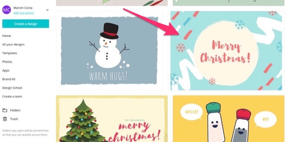 Action to open an editable Christmas card template on the Canva online service Photo: Reproduction / Marvin Costa