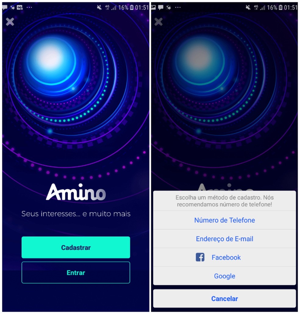 Amino Apps offers different registration methods Photo: Reproduo / Daniel Dutra