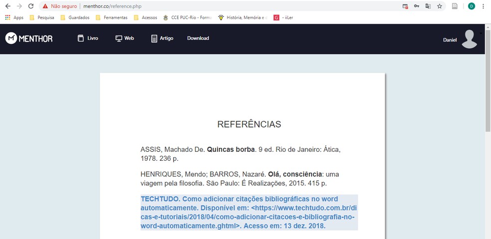 Accessible through the browser, Menthor is a Brazilian platform that manages references with the latest updates from ABNT Photo: Reproduo / Daniel Ribeiro