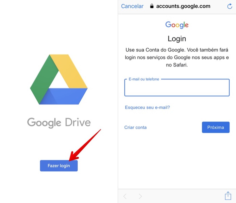Log in with your Google account to access Google Drive Photo: Reproduo / Helito Beggiora