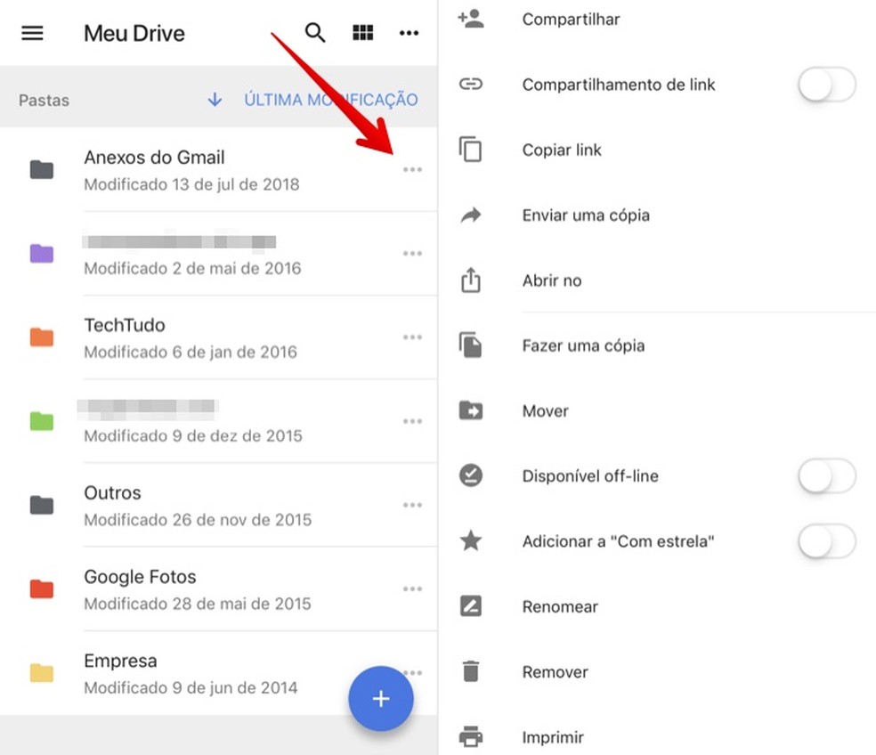 Access the action menu for files and folders in Google Drive Photo: Reproduo / Helito Beggiora