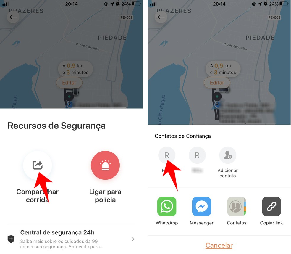Sharing the route of a 99 real-time trip with a contact Photo: Reproduo / Rodrigo Fernandes
