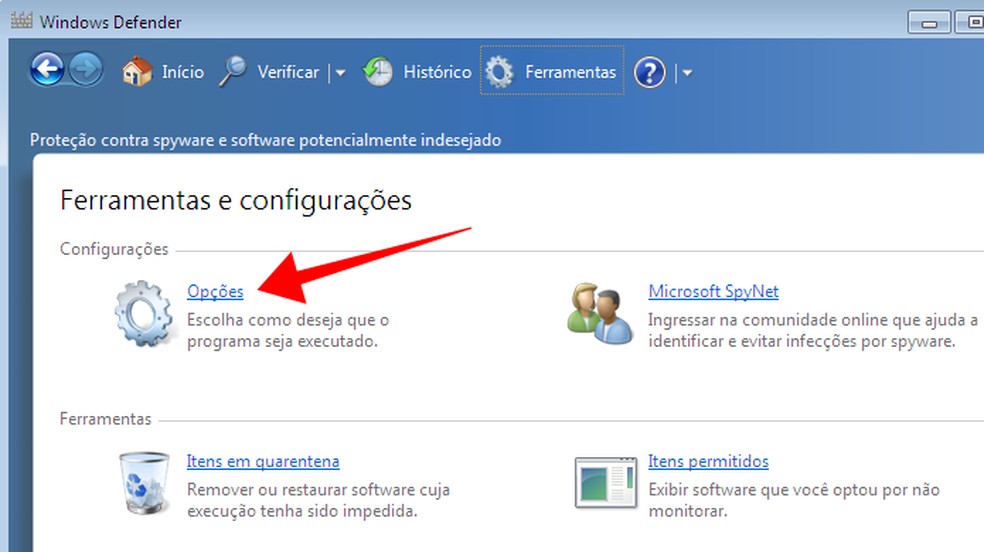 Click on the Opes menu in Windows Defender Photo: Reproduo / Paulo Alves