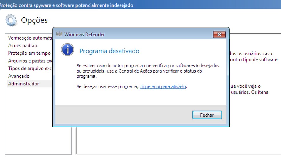 Check the notice confirming that Windows Defender has been disabled Photo: Reproduo / Paulo Alves