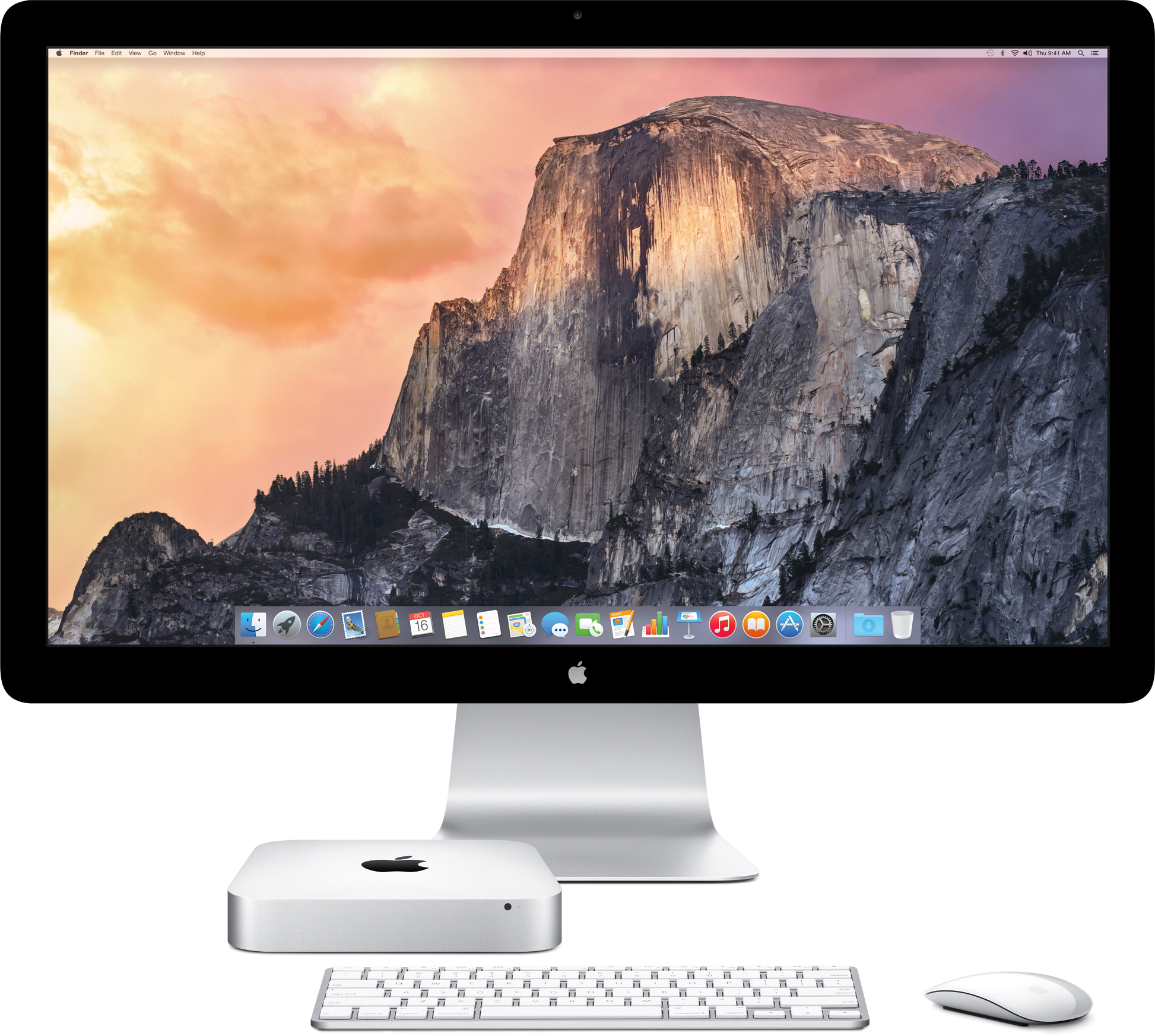 New Mac mini from the front with Thunderbolt Display, keyboard and mouse