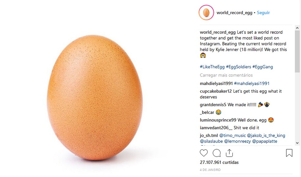 Egg Photo Became the Most Liked Instagram Post of All Time Photo: Reproduo / Isabela Cabral
