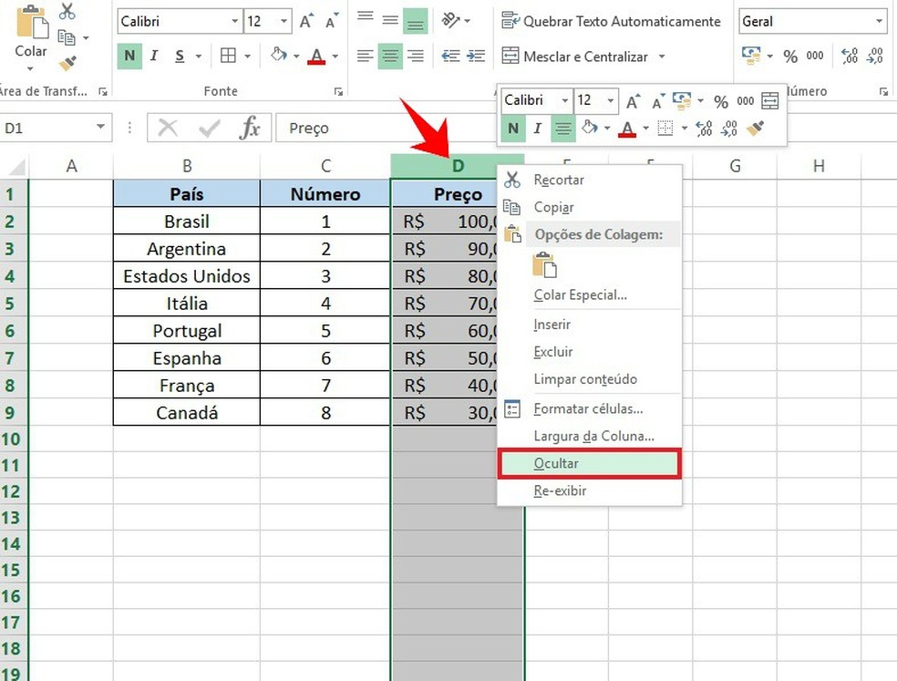 Hiding an entire spreadsheet column in Excel Photo: Reproduo / Rodrigo Fernandes