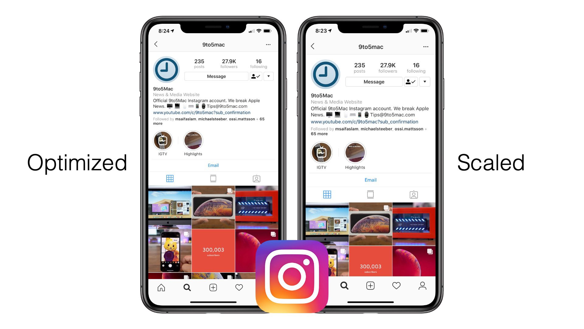 Comparison between optimized and expanded versions of Instagram on iPhone XS Max