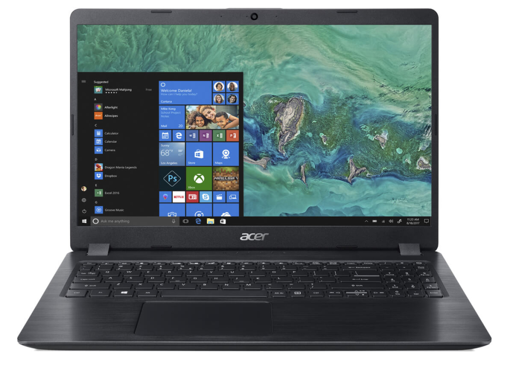 The 2019 version of the Acer notebook received an update in design, featuring a brushed aluminum cover and bezel around the thin screen.