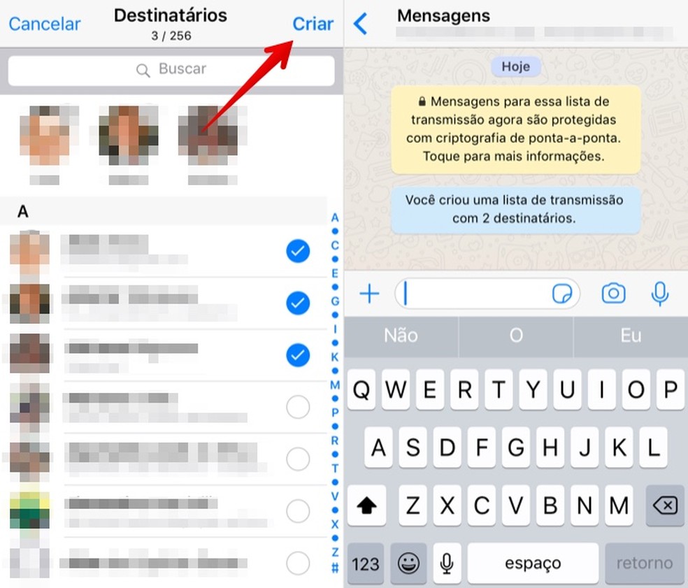 Choose contacts from the list of transmissions on WhatsApp Photo: Reproduo / Helito Beggiora