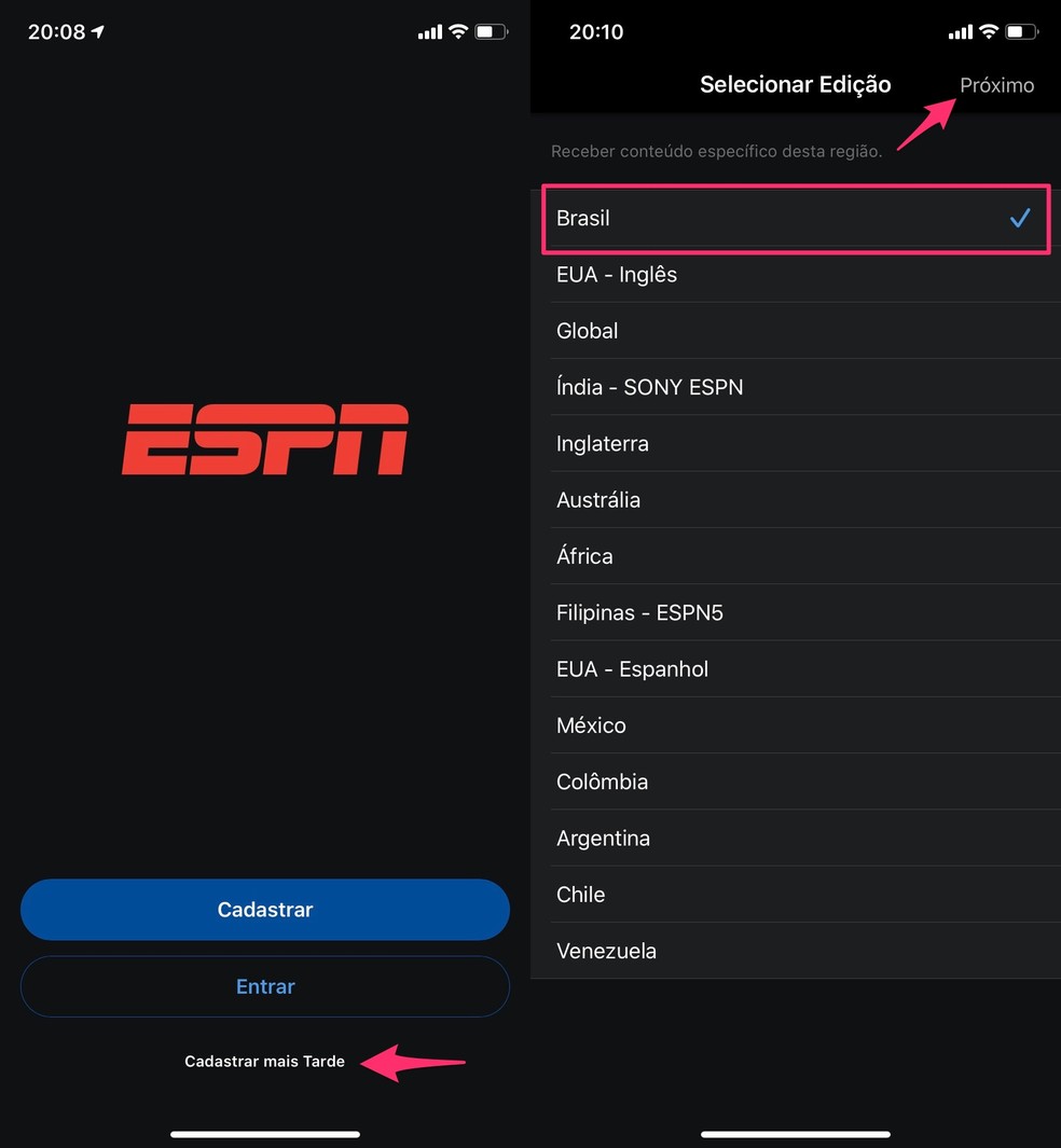 When defining the country in the ESPN Watch application configuration Photo: Reproduction / Marvin Costa
