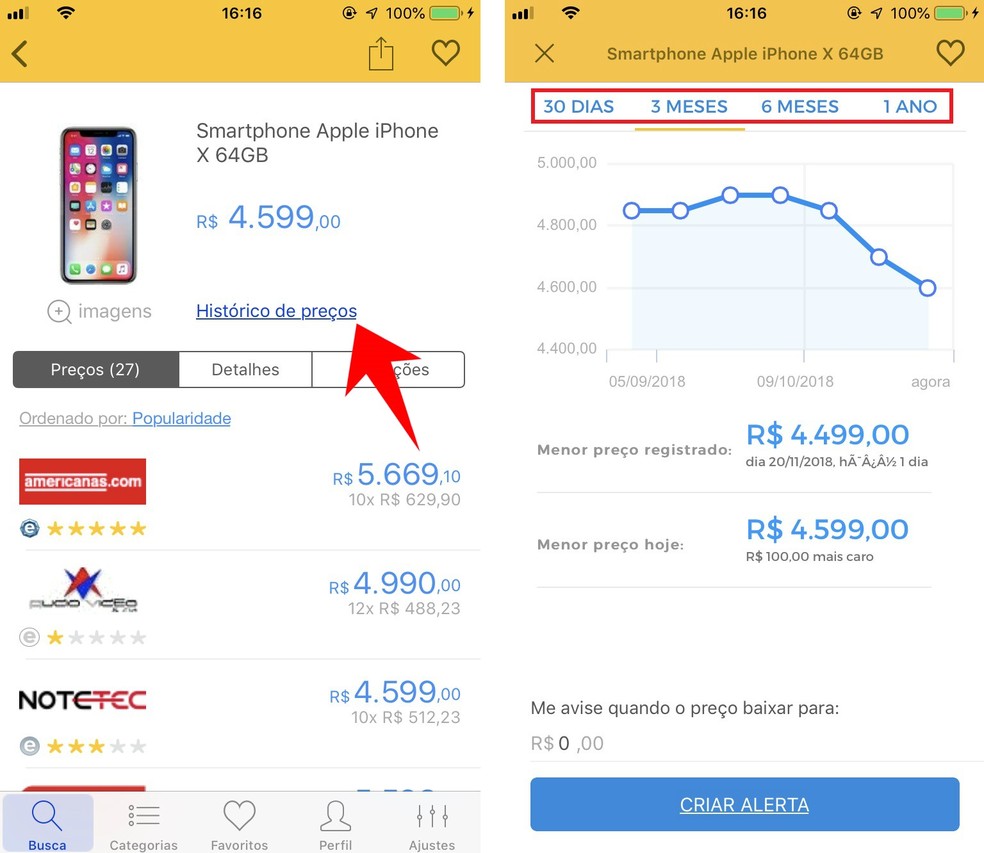 Buscap shows chart with product history in up to one year Photo: Reproduo / Rodrigo Fernandes