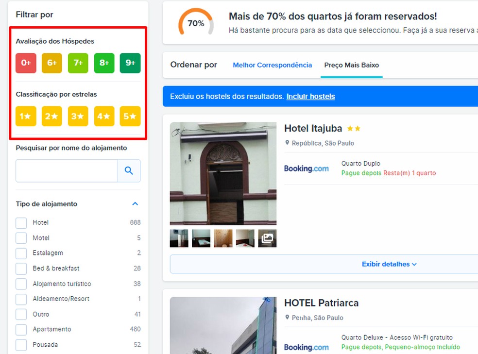   It is possible to use filters to refine the FindHotel search Photo: Reproduo / Rodrigo Fernandes