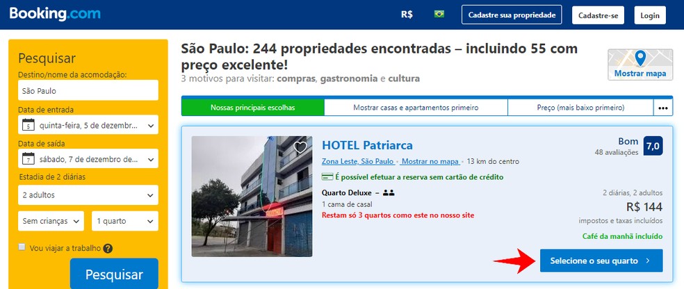 Selecting a room on Booking, based on the indication of the FindHotel website Photo: Reproduo / Rodrigo Fernandes